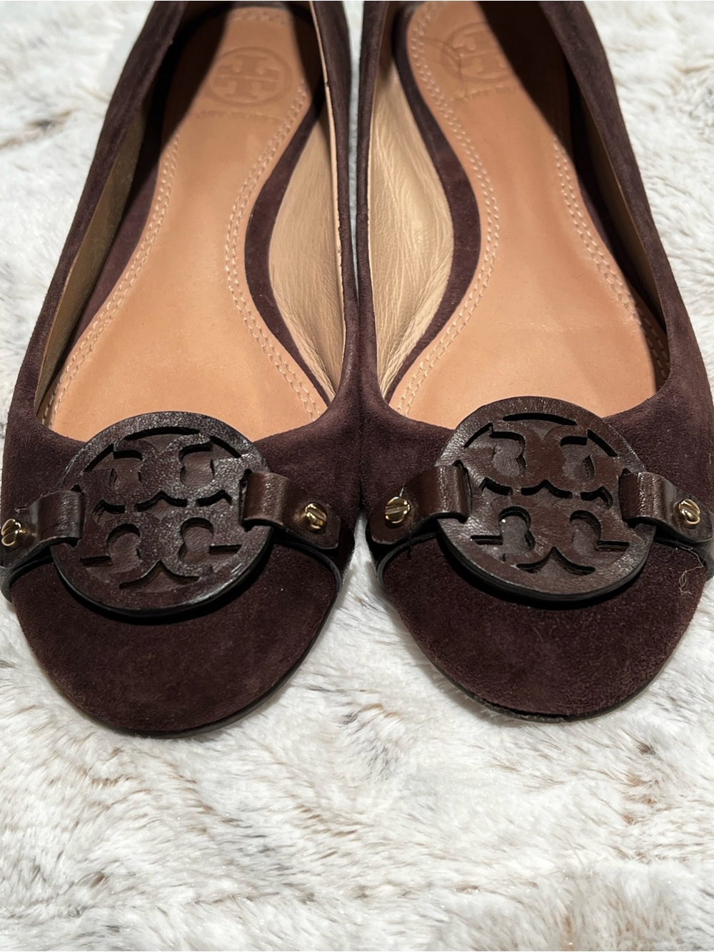 Tory Burch Dark Brown Suede Logo Ballet Flats Sz-6 - Picture 2 of 6